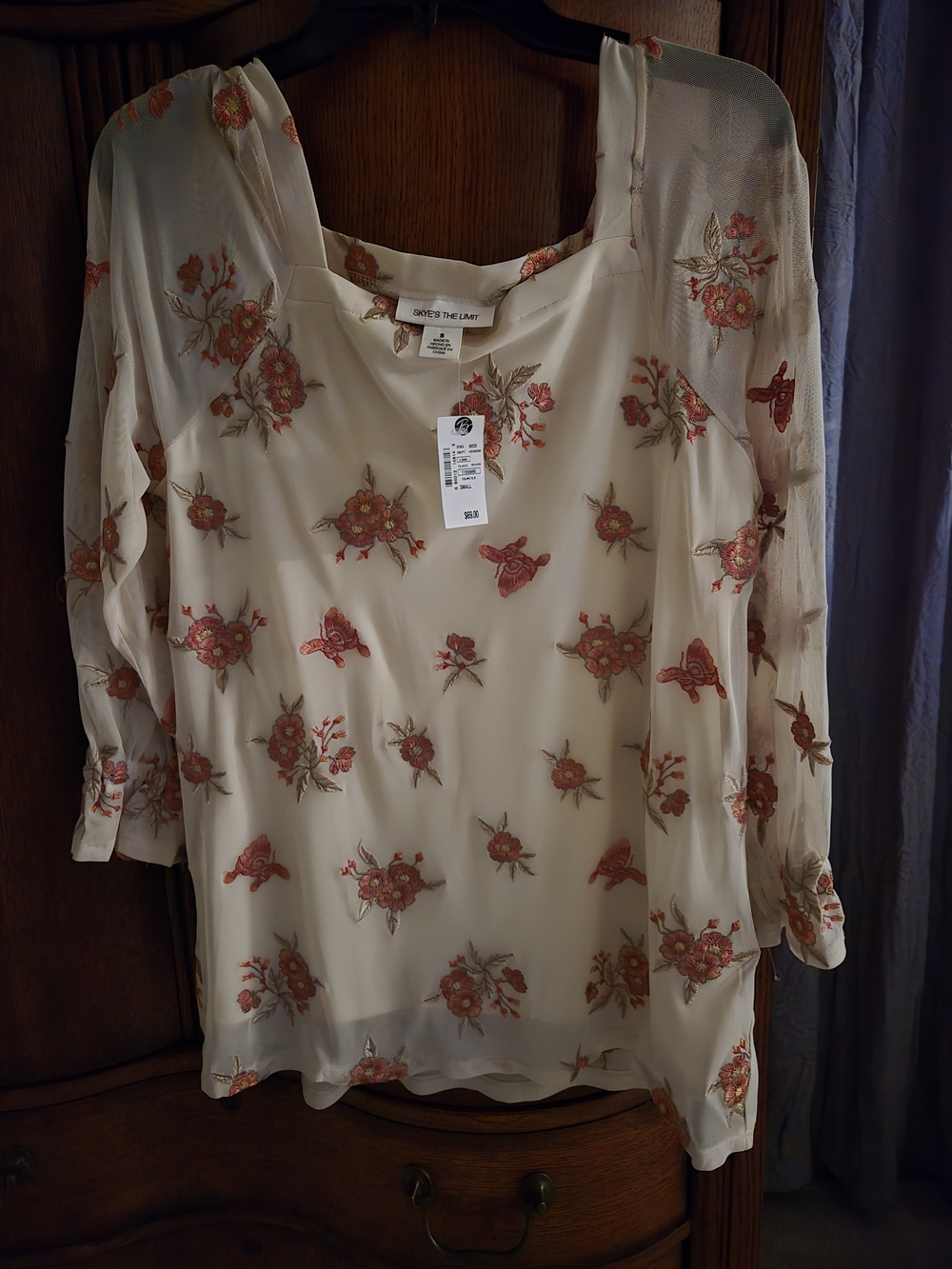 Skye's the Limit Cream Blouse with Coral Floral Embroidery